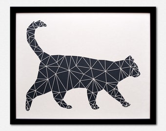 Cat Paper Art XL - Geometric Wall Art - Laser Cut from Paper - Framed Black and White Artwork