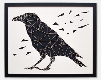 Raven Paper Art XL - Geometric Wall Art - Laser Cut from Paper - Framed Black and White Artwork