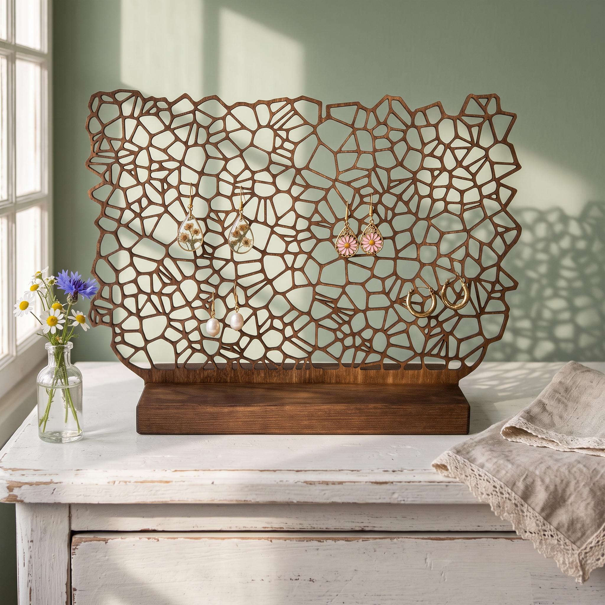 Wooden Earring Holder with Organic Cell Structure - Storage Display for Studs and Dangle Earrings - Modern Design