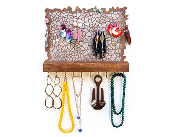 Rangement de bijoux moderne avec crochets - Affichage pour boucles d’oreilles Boucles d’oreilles Colliers Bracelets Bagues - Support de bijoux en bois pour le mur