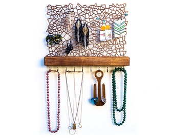 Porte-bijoux en bois pour le mur - rangement pour boucles d’oreilles Colliers Bracelets Bagues - rangement de bijoux moderne avec crochets