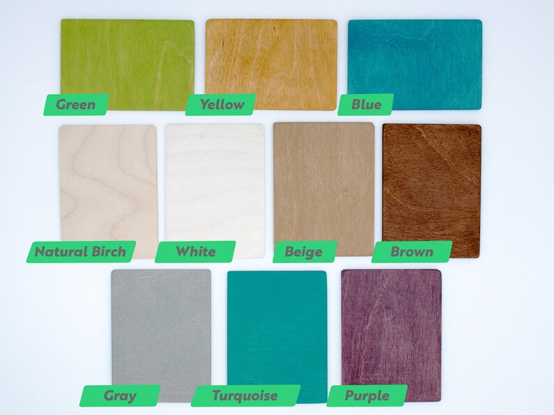 May include: A set of 10 wood samples in different colors and finishes, including green, yellow, blue, natural birch, white, beige, brown, gray, turquoise, and purple.