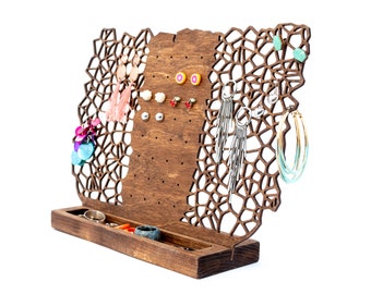 Jewelry Holder Handmade from Wood - Display for Studs Post Dangle Earrings and Rings - Modern Eco-Friendly Jewellery Accessories Gift