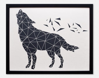 Wolf Paper Art XL - Geometric Wall Art - Laser Cut from Paper - Framed Black and White Artwork