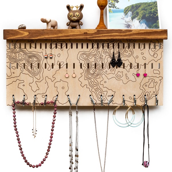 Wall Mounted Jewelry Organizer with Abstract Pattern – Wooden Storage Shelf with Hooks for Earrings Necklaces Bracelets