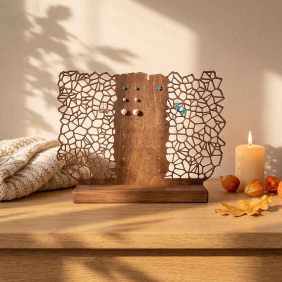 Ohrringständer aus Holz für Ohrringe und Ohrstecker - Schmuckständer mit organischer Zellstruktur - Modernes Design fürs Regal