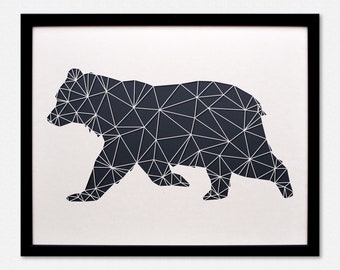 Grizzly Bear Art XL - Geometric Wall Art - Laser Cut from Paper - Framed Black and White Artwork