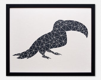Tukan Paper Art XL - geometrische Deko für die Wand - mit dem Laser aus Pappe geschnitten - schwarz weiß Kunst mit Rahmen