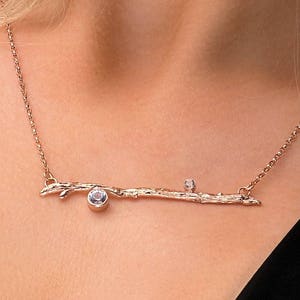 Silver Topaz Twig Necklace, Rose Gold Branch Necklace, White Topaz twig necklace, white Topaz Branch necklace, handmade Twig Jewellery, UK