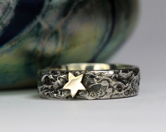 wide silver textured gold star ring,textured silver star thumb ring,unusual 9ct gold star wedding band,oxidized textured chunky ring,UK