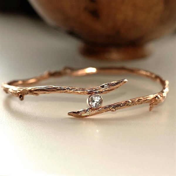 Twig bangle, rose gold twig bangle, twig branch handmade silver bangle, white topaz twig bangle, unusual twig jewellery, twig jewelry