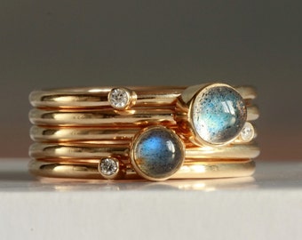 Solid 9ct gold Labradorite and Diamond Stacking Rings-gold diamond ring-labradorite gold ring-universe blue labradorite ring-British gold