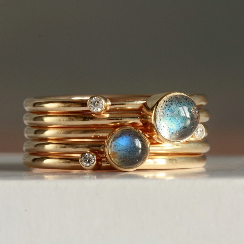 Solid 9ct gold Labradorite and Diamond Stacking Rings-gold diamond ring-labradorite gold ring-universe blue labradorite ring-British gold image 1