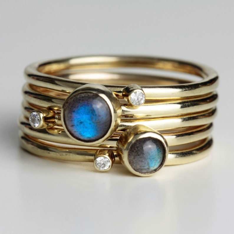 Solid 9ct gold Labradorite and Diamond Stacking Rings-gold diamond ring-labradorite gold ring-universe blue labradorite ring-British gold image 2