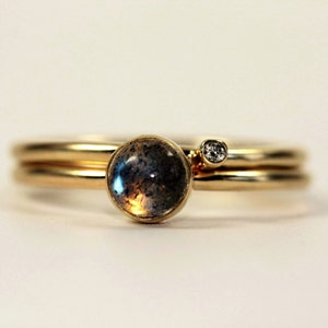 Solid 9ct gold Labradorite and Diamond Stacking Rings-gold diamond ring-labradorite gold ring-universe blue labradorite ring-British gold image 5