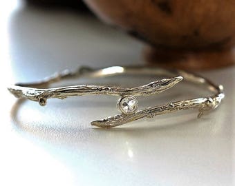 Silver Twig bangle, handmade sterling silver twig branch bangle, designer twig bangle, unusual textured silver bangle, gemstone twig bangle,