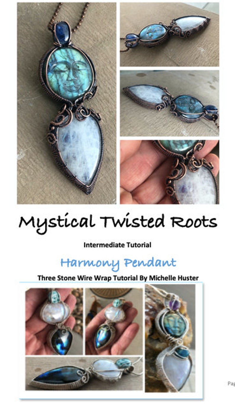 Op de afbeelding: Een handgemaakte hanger met drie stenen, met een ovale steen met een gezichtssnijwerk, een druppelvormige steen en een kleinere steen aan de bovenkant. De stenen zijn met koperkleurig draad omwikkeld. De tekst "Mystical Twisted Roots" en "Harmony Pendant" zijn zichtbaar.