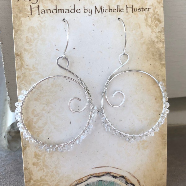 boho chic Herkimer Diamond gemstone hoop earrings 92.5 Sterling Silver