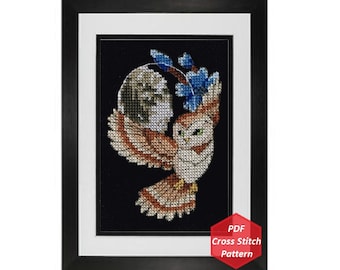 Night Owl, Blue Moon - Owl and Moon Cross Stitch Pattern, PDF, Original Design