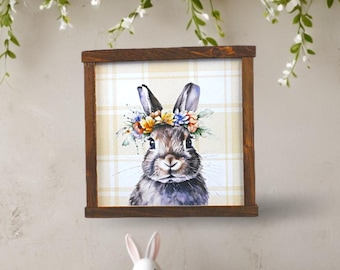 UV Printed Spring Bunny Wood Sign • Floral Rabbit Wall Decor • Rustic Cottagecore Easter Accent • Framed Wooden Spring Art