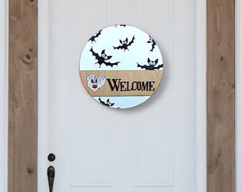 3D Halloween Welcome Sign – Layered Bat Door Hanger – Printed Wood Round Fall Porch Decor – Spooky Cute Halloween Wall Sign