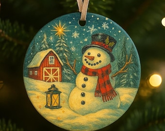 Snowman & Barn Ceramic Ornament – Christmas Tree Decorations, Holiday Decor Gift