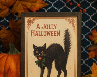 Vintage Halloween Black Cat Print – “A Jolly Halloween” Retro Wall Art – Spooky Holiday Decor