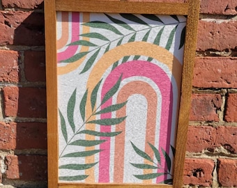 Printed Boho Rainbow Wall Art – Colorful Botanical Wood Framed Sign – Modern Nursery or Entryway Decor – Printed Wooden Home Accent Palm