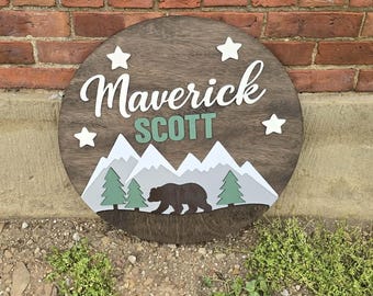 3D Custom Name Sign • Raised Woodland Bear & Mountains Decor • Personalized Adventure Nursery Wood Round