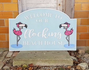 Beach House Sign Flamingo Entrance Sign Large Custom Sign Address Sign Welcome Sign Wood Laser Cut Out 3D Extra Large