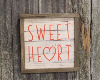 Valentines Wood Sign Sweet Heart Sweetest Day Valentines Day Hearts Red Shiplap Brown Framed Print Wall Art Farmhouse Primitive Rustic Text