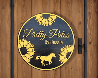 Engraved Equestrian Business Sign • Rustic Sunflower Stable Plaque • Custom Horse Logo Wood Sign