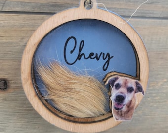 Custom Dog Hair Ornament • Personalized Photo & Text Wood Keepsake • Real Pet Hair Memorial Gift • Dog Lover Ornament