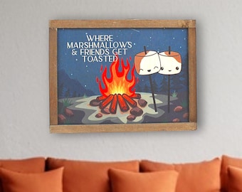 Funny Camping Sign – UV Printed Wood Framed Wall Art – Marshmallow Campfire Decor – Outdoor Cabin Sign- Getting Toasted