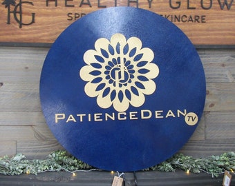 Custom Sign Round Business Commerical Signage Mandala Flower Made to Order Tv Store Front Small Shop Logo Blue Gold Circle Wooden Handmade