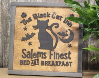 Black Cat Salem Fine Bed and Breakfast Square Wood 3D lettering Classic Rustic Halloween Fall Autumn Holiday Seasonal Bats Cute Kitchen Home