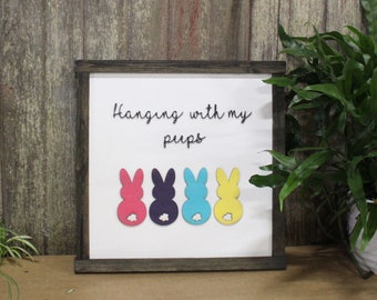 Peeps Bunnies Spring Wood Sign Hanging With My Peeps Candy 3D Raised Text Decoration Easter Pastel Rabbit Décor Decoration Farmhouse Rustic