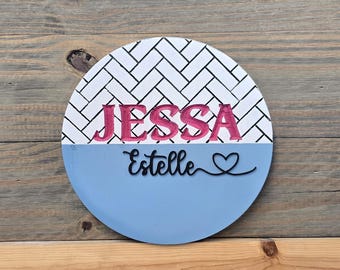 Engraved Custom Name Sign • Personalized Round Nursery Decor • Modern Script & Block Letter Wood Engraving