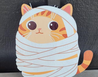 Mummy Cat Halloween Cute Spooky Decoration Wrapped up Color Print Kid Friendly Wood sign