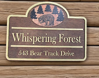 3D Cabin Address Sign – UV Printed Bear & Pine Forest Plaque – Rustic Wood House Number Sign for Lodge, Cabin, or Mountain Home