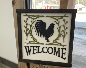 Farmhouse Welcome Rustic Rooster Chicken Coop Framed Wall Decor Handmade 3D Raised Text Farm Eggs Kitchen Decor Mudroom Entryway Welcoming