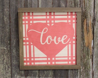 Valentines Wood Sign Love Plaid Valentines Day Hearts Red Pink Brown Framed Print Wall Art Farmhouse Primitive Rustic