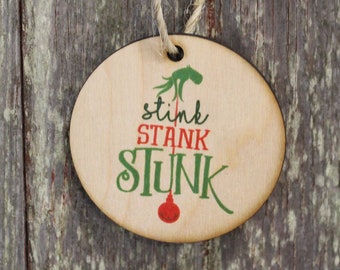 Set of 3 Stink Stank Stunk Ornament Mean One Christmas Keychain Décor Wood Sign Tree Gift Cute Funny Hand Green Festive
