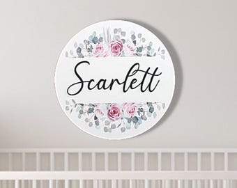 Custom 3D UV Printed Name Sign • Raised Text Floral Nursery Sign • Personalized Baby Name Round • Watercolor Flower Wall Decor