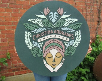 Custom Skincare Beautiful Garden Face Hands Actual Logo Spa Wellness Handmade Wooden Round Sign Commerical Signage 3D Natural Tropical
