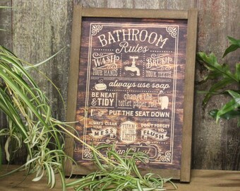 Bathroom Rules Wall Sign Wood Funny Rustic Wash Brush Tidy Change the Paper Put the Lid Down List Framed Hanging Decoration Decor Art