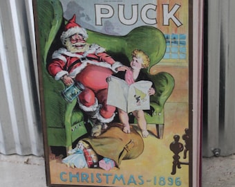 Christmas Santa Cartoon Puck Magazine Wood Decorative Sign Caricature 1896 Vintage Antique Printed Vignette Early 1900s Comics