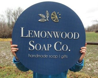 Custom Sign Round Business Commerical Signage Minimalist Made to Order Soap Co Store Front Small Shop Logo Lemon Circle Wooden Handmade