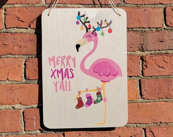 Flamingo Sign Merry Christmas Y'all Beach Sign Stocking Lights Holiday Decoration Rustic Wooden Wall Decor Wood Print