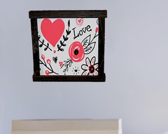 Love Floral Heart Sign – Romantic Wall Art for Bedroom or Entryway – Valentine’s Day Wood Framed Decor – Red Heart Botanical Artwork